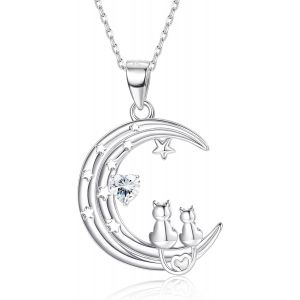 Collier Femme Argent 925 Chat Pendentif Collier-Lune Pendentif Collier Double Chat Mignon Collier Anniversaire Bijoux D'anniversaire - Neuf