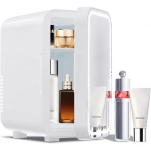 CHECARZHN--NO1-Mini Frigo 6L/8 Canettes, Petit Réfrigérateurs Pour Soins De La Peau Avec Miroir Lumineux Led, Ca + 12V Cc, Refroidisseur Et Réchauffeur, Pour Chambres, Voiture, Cosmétiques, Blanc - Neuf
