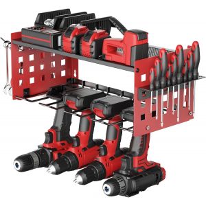 Étagère de rangement à 2 couches pour outils électriques,étagère à outils pour 4 supports de perceuse,support mural robuste pour garage,maison,atelier (rouge) - Neuf