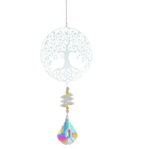 Ornement de jardin suspendu en cristal Arbre de vie en métal Perles de chakra colorées Pendentif en cristal Feng Shui Décoration de jardin - Neuf