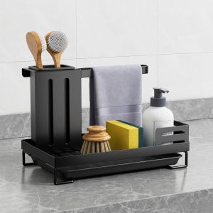 MEVRONISSHOP-Porte Eponge Evier Cuisine, Rangement Evier Cuisine Porte &Eacute;ponge Support Organisateur Evier avec bac &agrave; Goutte et Porte pour &Eacute;ponge, Brosse de Nettoyage, Noir - Neuf