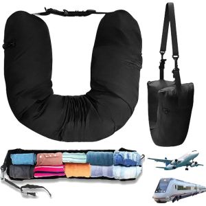 TIANYI-Coussin Tour De Cou Voyage Oreiller En U Multifonctionnel Oreiller De Voyage A Remplir De Vetement Oreiller De Voyage Pliable Ajustable Pour Voyages De 3 Jours En Voiture Train Avion (Noir) - Neuf