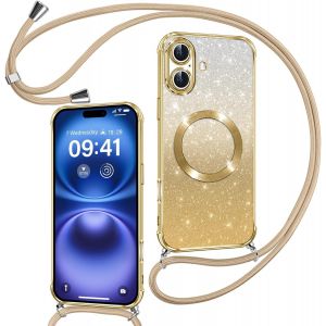 TRAHOO-Couqe Magn&eacute;tique pour iPhone 16 Con Cordon, Compatible avec MagSafe, Brillant Glitter Paillet&eacute; Antichoc Durable R&eacute;sistante Etui Housse pour iPhone 16 Bumper, Or - Neuf