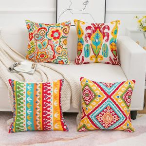 CAUC-Housses de Coussin D'ext&eacute;rieur 50x50 Boh&egrave;me Geometric Taie d'oreiller Modern Lin de Coton Color&eacute; Vintage Ethnique Style Rouge Jaune D&eacute;coratif Taie Oreiller pour Canap&eacute; Lits Chaises Voiture Salon - Neuf