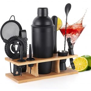 Kit Barman Mixology 11 Pi&egrave;ces Avec Support Bambou Noir - Neuf
