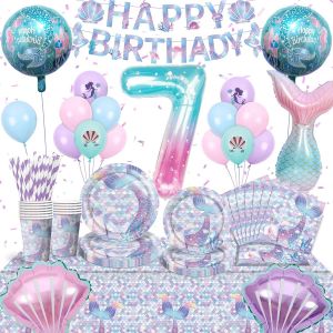 Letnerny-Décoration D'anniversaire Sirène - Ensemble De Vaisselle De Fête - Décoration D'anniversaire Pour Fille - Décoration De Fête Prénatale Pour 16 Invités (7) - Neuf