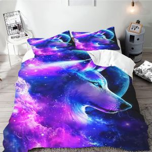 Galaxy Wolf Parure De Lit Simple Avec Housse De Couette Pour Adolescents, Motif Loup, Noir, Bleu Clair De Lune, &iquest;&iquest;Toiles D, Collection Loup, , - Neuf