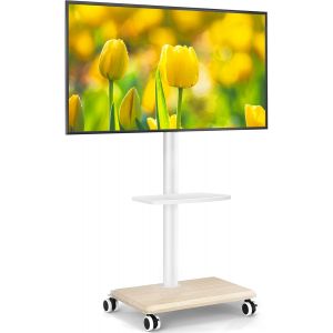 SUBZONAL-Support TV roulettes Blanc Pied TV pour T&eacute;l&eacute; de 27-55 Pouces, R&eacute;glable en Hauteur et Pivotant Support TV sur Pied avec roulettes Meuble Support TVs avec Base en Bois VESA Max 400x400mm Max 3 - Neuf