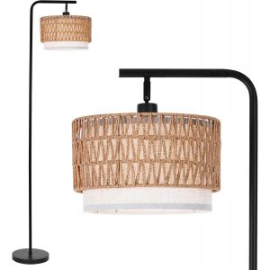 Subzonal-Lampadaire En Rotin Style Boh&egrave;me, Lampadaire Salon Avec Abat-Jour Double Couche Rotin & Tissu, Interrupteur Au Pied, Montage Facile, Lampadaire Noir Pour Chambre Et Bureau, Ampoule Non Inclu - Neuf
