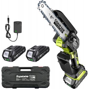 SUBZONAL-Mini Tronconneuse à Batterie 6 Pouces, Élagueuse Sans Fil pour Branches et Jardin, 2 Batteries 2Ah et Chargeur, petite Scie à Chaîne Rechargeable, Élagage de Branches et Coupe de Bois - Neuf