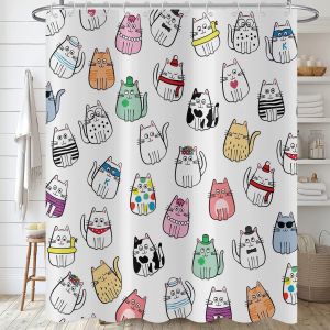 Sjzg-Rideau De Douche Chat 180x220, Drôle D'animal De Dessin Animé Chaton Coloré, Beaux Animaux De Compagnie Pour Enfants, Garçons, Filles, Imperméable, Tissu Polyester Lavable - Neuf