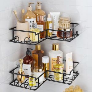 CAUC-&Eacute;tag&egrave;re de Douche, 2 PCS Etagere Salle Angle de Bain Antirouille, Rangement Salle de Bain sans Per&ccedil;age, Accessoire de Rangement Adh&eacute;sif avec Crochets, Noir - Neuf