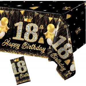 Mevronisshop-Nappe D'anniversaire Noir Dor&eacute;, 200x130cm, Happy 18th Birthday Nappe, Joyeux Anniversaire 18 Ans Nappe, D&eacute;co 18e Anniversaire, D&eacute;coration De Table Pour Filles Gar&ccedil;ons F&ecirc;te D'anniversaire - Neuf