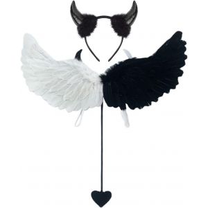 Costume De Diable Noir Et Blanc, Ailes D'ange En Plumes, Costume D'ailes D'ange, Aile De Démon Avec Cornes De Diable Rouges, Ailes D'ange En Plumes, Pour Halloween, Carnaval, Cosplay - Neuf