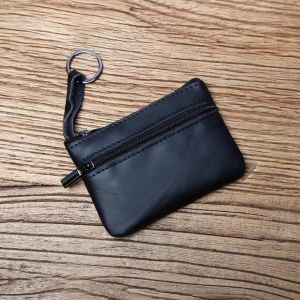 HUED-Mini porte-monnaie en cuir véritable pour hommes, portefeuille en cuir de vache avec fermeture éclair, sac à cartes Vintage, portefeuille court pour dames, étui pour clés NZPJ-Black - Neuf