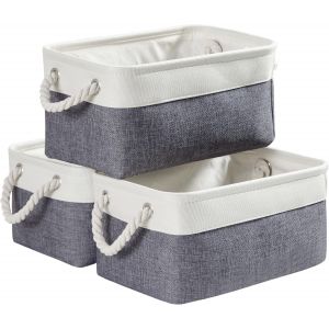 Panier Rangement Petite, Boite de Rangement Tissu rectangulaire Dressing avec poignée (Set of 3, Pliable, Gris Froid / Blanc) - Neuf
