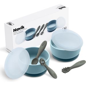Kal-| Set Bol Ventouse Pour B&eacute;b&eacute; Avec Couvercle En Silicone Et Cuillere Bebe Apprentissage | Bol Bebe Et Cuill&egrave;re B&eacute;b&eacute; | Set Repas | Bleu Et Vert - Neuf