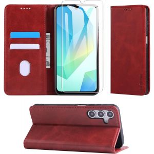 JGD-Coque pour Samsung Galaxy A16 5G / 4G avec 1 Verre tremp&eacute;, Etui Premium Housse en Cuir Pochette Protection Portefeuille Case Magn&eacute;tique &Eacute;tui pour Samsung Galaxy A16 5G / 4G - Rouge - Neuf