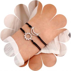 Kal-Boho Bracelet Soleil Lune Bracelet En Cuir Noir Double Brin Bracelet En Cuir Tiss&eacute; Lune Bracelet Cha&icirc;ne Main Bijoux Pour Femmes Et Filles 2pcs - Neuf