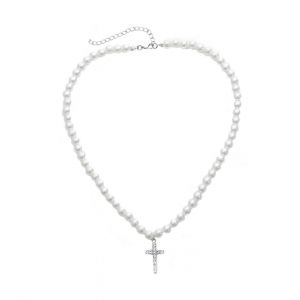 Collier De Perles Avec Pendentif Croix Pour Femme, Orn&eacute; D'une Petite Croix En Perles, Id&eacute;al Pour La Saint-Valentin Et Comme Cadeau. - Neuf