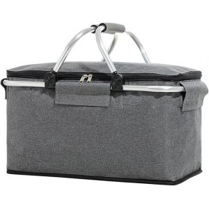 Panier de courses, sac à main, grand panier isotherme pliable avec couvercle, sac à lunch, sac isotherme, panier de pique-nique de camping avec poignée en aluminium (gris) 22 L - Neuf