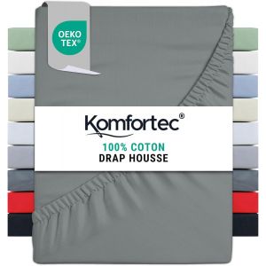 Kalanka-Drap Housse Lit 160x200 Cm - Jersey 100% Coton 135g/M² - Certifié Oeko-Tex - Bonnet 30 Cm - Drap Lit Avec Élastique Pour Matelas Épais - Gris - Neuf