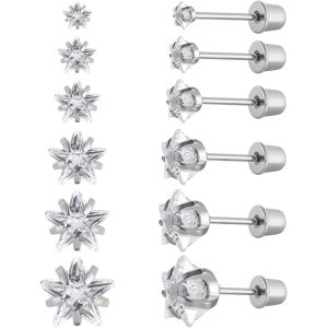 Kal-Lot De 6 Paires De Clous D'oreilles En Acier Inoxydable Chirurgical Avec Vis Arrière Plaqué Or 18 Carats En Forme De Coeur, Étoile, Carré, Coupe Princesse, Rondes, Zircons Cubiques Blancs, Pour Fe - Neuf