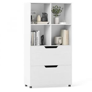 COSTWAY Biblioth&egrave;que avec 4 Compartiments Ouverts, 2 Grands Tiroirs, Anti-basculement, pour Salon, Bureau, 70 x 33,5 x 130 cm Blanc - Neuf