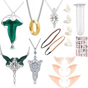 Kales-Xhbts Lot De 25 Colliers Avec Pendentif Feuille Dorée Et Flacon De Médicament,4 Paires De Crocs De Vampire,Dents En Latex,3 Paires D'oreilles D'elfe Avec 2 Serre-Cheveux,3 Vampires,Plastique,Pa - Neuf