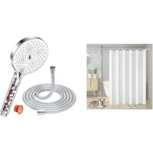 JGD-Pommeau de Duche avec tuyau 1,6M, Pommeau de Douche Economie Deau & Vinabo Rideau Douche Anti Moisissure, 180 x 200cm Blanc, avec 12 Crochets, sans Percage - Neuf