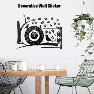 Hjlian Autocollant Mural Decoratif Amovible Et Impermeable Motif Horloge Et Oiseau - Neuf