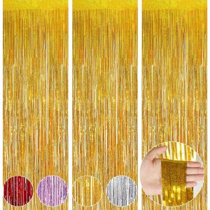 Rideau Métallique De Frange Rose,3pcs Rideau À Franges Aluminiumbrillant,1m X 2m Brillant Frange Anniversaire Pour Décoration Fête Mariage D'anniversaire Photobooth.[F51] - Neuf