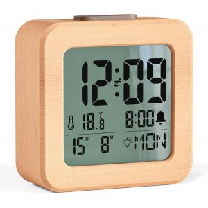 R&eacute;veil Num&eacute;rique en Bois, R&eacute;veil &agrave; Piles avec &Eacute;cran LCD, R&eacute;glage Automatique de la Luminosit&eacute;, Snooze, Temp&eacute;rature, Date, Semaine, 12/24H(3*AAA Batteries Inclus) - Neuf