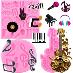 Ayuhr-Lot De 3 Moules En Silicone En Forme De Notes De Musique Pour Piano - Clavier De Musique - Guitare - Tapis En Dentelle Pour Décoration De Gâteaux - Pâte À Gomme Au Chocolat - Pâte À Sucre - Neuf