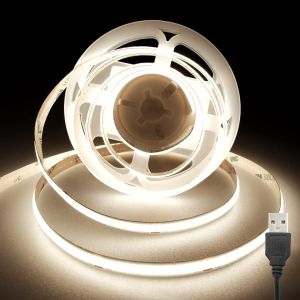 Ruban Led Cob Usb 5v,4000k Bandes Led 2m Avec 320leds/M,Cri 90+,Largeur 8mm,Ruban Led Blanc Neutre Pour Rétroéclairage Tv,Miroir,Armoire,Armoire,Escalier,Lumière Diy,Décoration De La Maison - Neuf