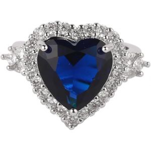 Kahfl-Bague En Forme De C?ur Avec Diamant Bleu Pour Femmes Et Filles-Bague De Fiançailles-Bague Réglable Et Élégante-Cadeau De Bijoux,Plaqué Or Blanc,Zircone Cubique - Neuf