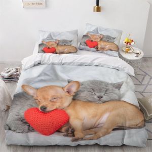 Housse De Couette Chaton Chiot X Imprim&iquest;&iquest; D Mignon Animal De Compagnie Parure De Lit Personnes Hypoallergique Microfibre Literie Pi&iquest;&iquest;Ces Avec Fermetur - Neuf