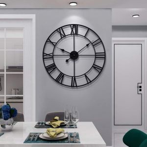 HAITANG Grande Horloge Murale Ronde en métal de Style Vintage Silencieux sans tic-tac à Piles 40 cm 47 cm 60 cm horloges à Chiffres Romains Noirs pour Salon Chambre Cuisine décoration - Neuf