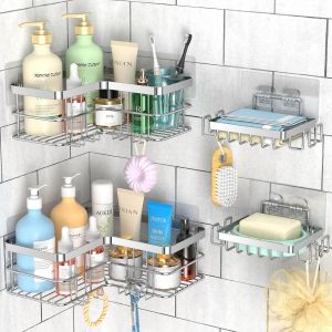 Bhhbb-Conner Shower Caddy 4-Pack, Étagères De Douche Adhésives Avec Porte-Savon Sans Perçage, Organisateur De Salle De Bain Et De Douche En Acier Inoxydable Résistant À La Rouille (Argent) - Neuf
