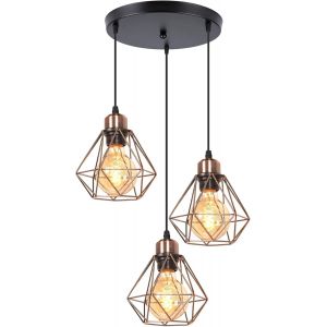 TIANYI-Lustre Suspension 3 Lampes Industrielles Plafonnier E27 Vintage Luminaire E27 R&eacute;tro Plafond Abat jour Design M&eacute;tal Cage &Oslash;160mm &eacute;clairage plafond Pour Salon Cuisine Chambre - Neuf