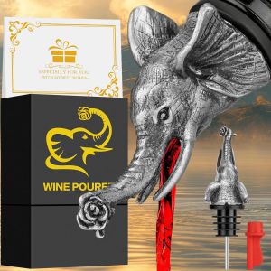 Checarzhn--No1-Elephant Bec Verseur Et Bouchon De Bouteille De Vin 2 En 1, Cadeaux Pour Hommes Et Femmes, Amateurs D'éléphants, Bec Verseur Pour Alcool Spiritueux, Accessoires De Vin, Argent Foncé - Neuf