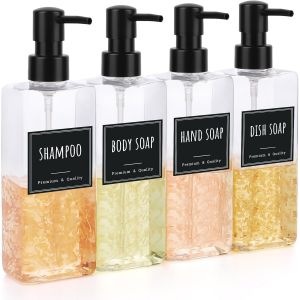 Flacon Pompe Vide,4 Pièces Distributeur Savon Cuisine,Distributeur Shampoing et Gel Douche,Distributeur de Savon Liquide avec Etiquettes,pour Liquide Vaisselle (Transparent) - Neuf