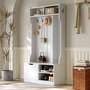 Ensemble vestiaire entr&eacute;e 100&times;185,5&times;40 cm, banc + 6 crochets + 1 porte + 4 rangements, blanc - Neuf