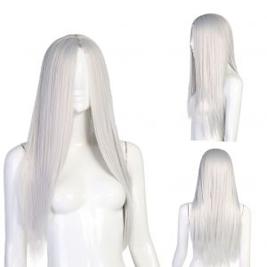 Perruque Synthetique Longue Et Lisse Pour Femme, Tete Complete, Cosplay, Fete, Avec Bonnet, Argent Et Blanc - Neuf