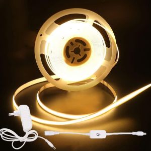 TRAHOO-12V COB LED Bandes Blanc Chaud ,5m 320LEDs Gradateur Bande lumineuse COB 3000K TV R&eacute;tro&eacute;clairage ,Europe Bouchons ,Ruban LED Flexible pour Armoire, Chambre, &Eacute;clairage Maison DIY (4 m&egrave;tre, Blan - Neuf