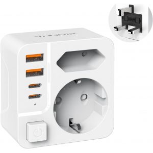 KALANKA-Adaptateur Prise Anglaise, 6 in 1 Adaptateur Voyage France/Europe vers UK avec 2 USB C et 2 Type A, Adaptateur Type G pour UK Irlande, Malaisie, Singapour, HK, Duba&iuml;, Malte(Blanc) - Neuf