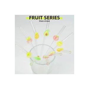 5 pailles en verre motif fruits color&eacute;s + 2 goupillons aesth&eacute;tic classe - Neuf