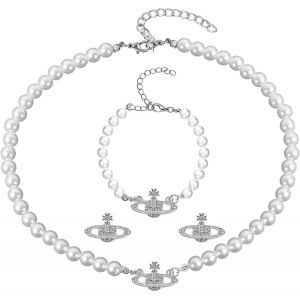 Kales-Collier De Perles Planète Pour Femme 3 Pièces Collier De Perles De Saturne,Bracelets,Boucles D'oreille Collier De Perles Saturne Collier Planète Pour Dames Filles Amis Mariage Attendez - Neuf