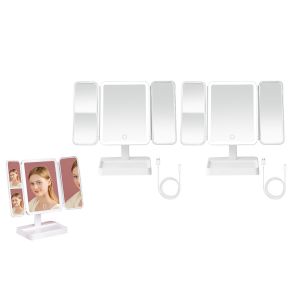 Lot De 2 Miroirs De Maquillage Led Avec Grossissement 2x Et 3x, Format Pliable En Trois, Alimentation Usb Et Luminosit&eacute; R&eacute;glable. - Neuf
