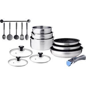 Subzonal-Arthur Martin - Batterie De Cuisine 15 Pcs, Casseroles Et Po&ecirc;les Antiadh&eacute;rentes, Couvercles En Verre, Ustensiles Inclus, Compatible Tous Feux, Taille : 16-18-20 Cm - Neuf